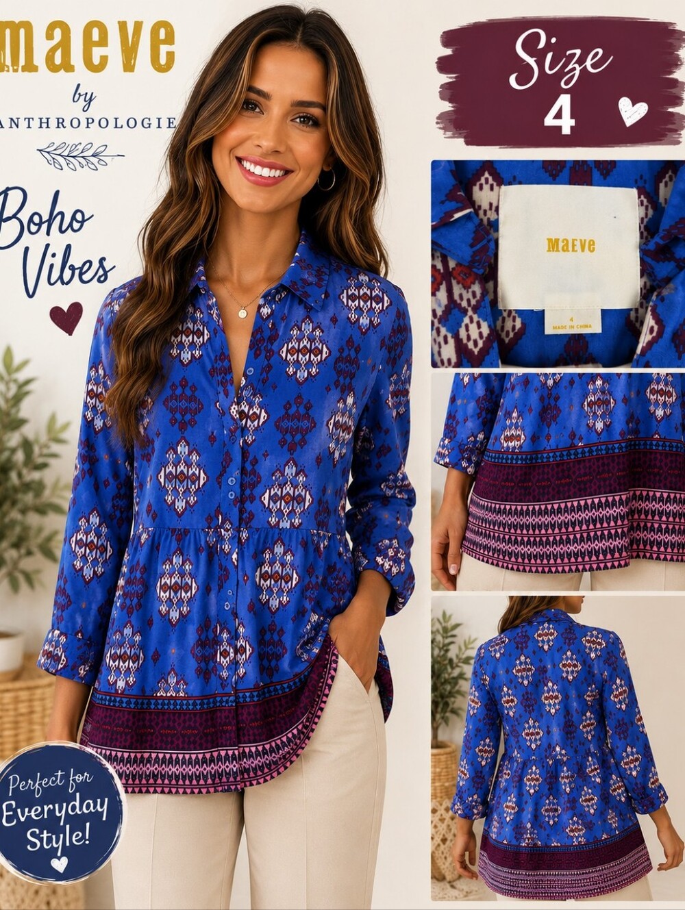 Maeve Anthropologie Blue Printed Tunic with White & Maroon Accents